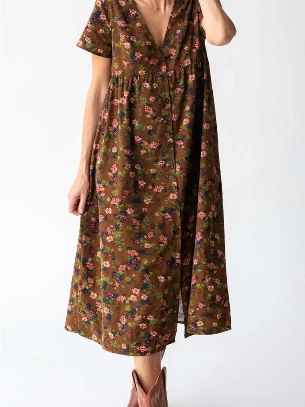 Natural Life Avery Cotton Corduroy Midi Dress - Brown Floral Bouquets